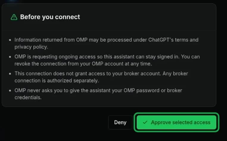 The OMP approval screen with the Approve selected access button and the Deny button