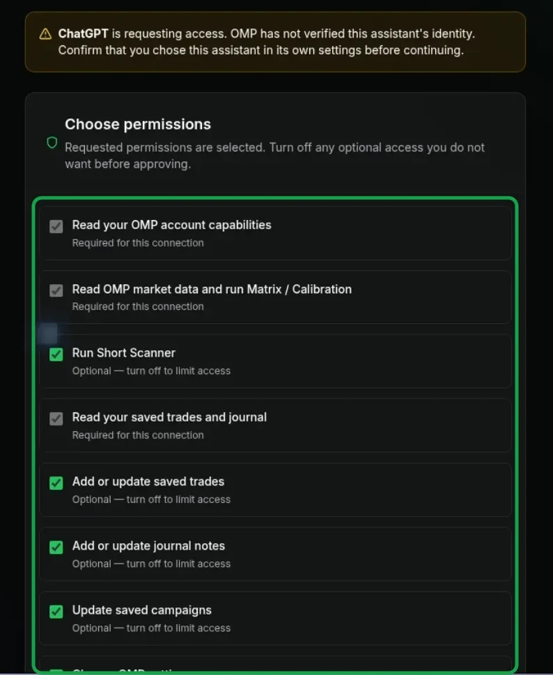 The OMP permissions screen: the three required read permissions are fixed on, and the optional ones can be switched off before approving