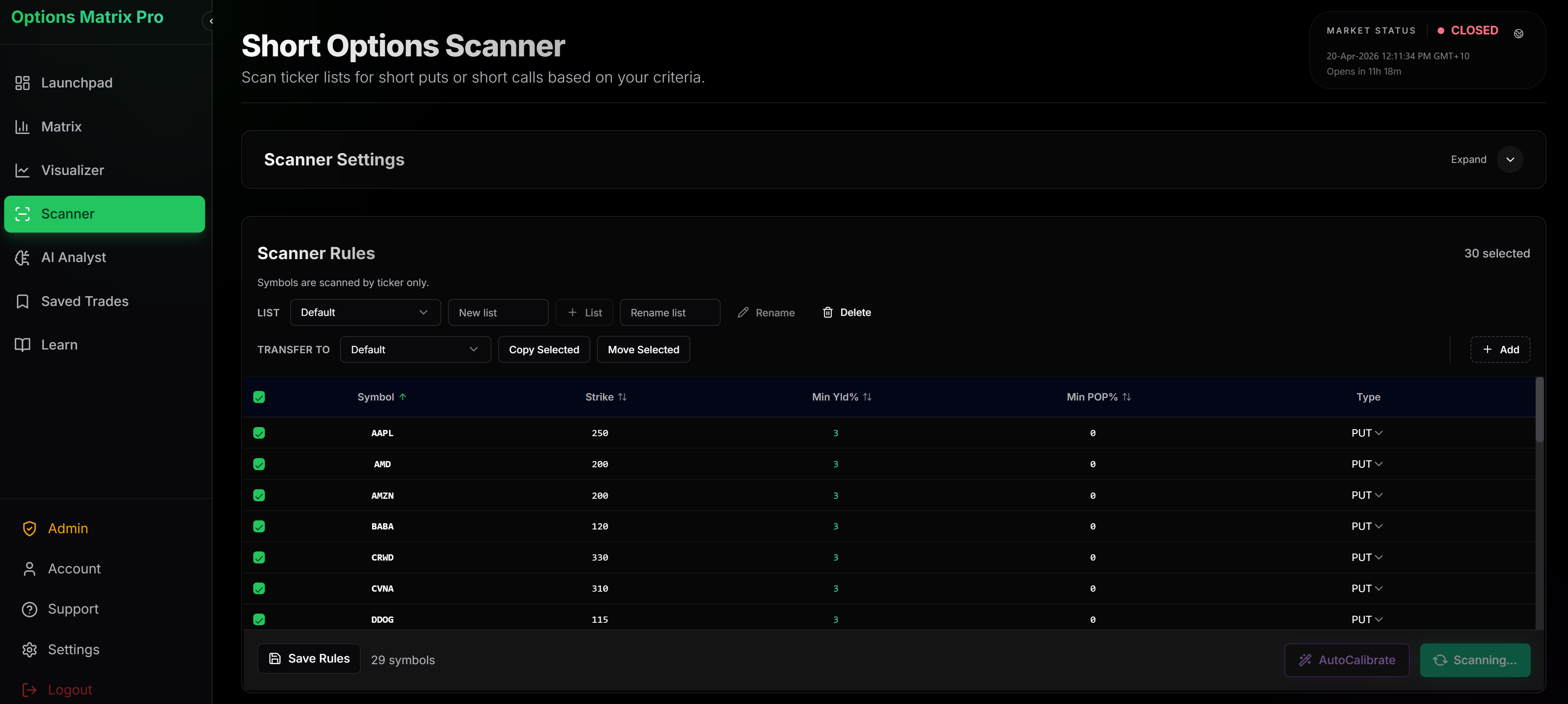 Options Matrix Pro scanner rules showing saved ticker list, strikes, yield targets and strategy type